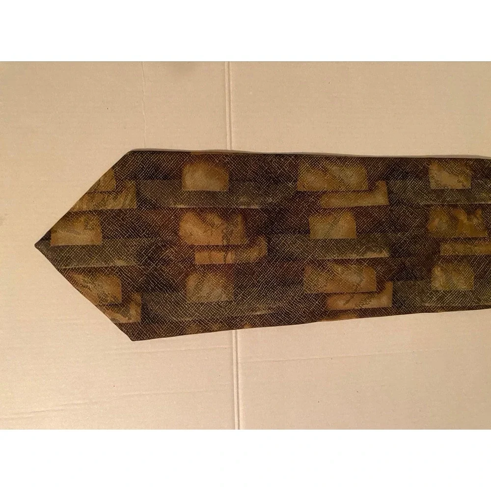 J. Ferrar Mens Silk Tie Brown Green Gold Geometric Made in Italy 4 Inch Width